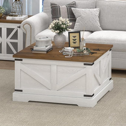 Farmhouse Coffee Table with Hidden Storage Compartment, White Square Coffee Table for Living Room, Wood Center Table with Hinged Lifting Tabletop for Home