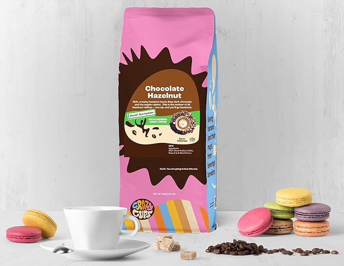 Crazy Cups Decaf Flavored Ground Coffee Variety Pack, Includes Chocolate Hazelnut, French Vanilla and Death by Chocolate, For Brewing Flavored Hot or Iced Decaf Coffee, Variety 3 Pack