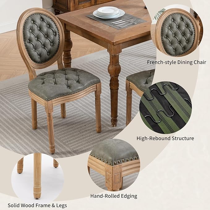 Vintage French Country Dining Chairs Set of 6, PU Leather Dining Chairs with Solid Wood Legs, Upholstered Dining Chair, Sillas para Comedor, Kitchen & Dining Room Chair (Olive Green, PU, 6Pcs)