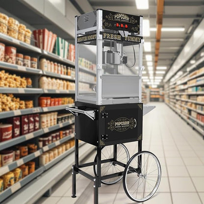 Commercial Popcorn Maker with Cart & 20oz Kettle, 1440W Vintage Popcorn Machine on Wheels with Tempered Glass & Warming Deck for Theater, Business, Home Party Events, Black