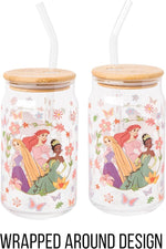 Load image into Gallery viewer, Silver Buffalo Disney Princesses Featuring Rapunzel Tangled, Ariel Little Mermaid, Tiana Princess and the Frog Spring Floral Glass Jar Tumbler with Bamboo Lid and Glass Straw, 16 Ounces