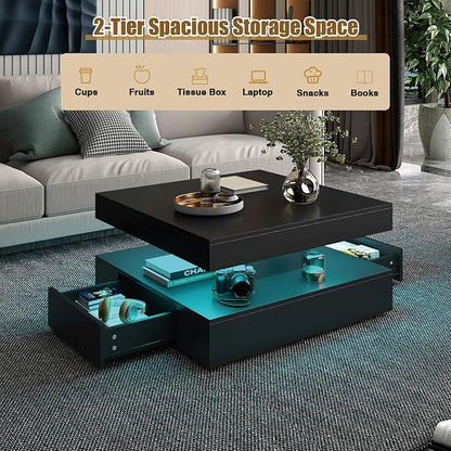 Black LED Coffee Table with 2 Storage Drawers for Living Room Square Center Middle Table Modern Cocktail Table with Light 2-Tier Tea Tables Contemporary Mid Century Wood Home Office Waiting Room
