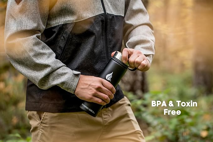 HYDRO CELL Stainless Steel Insulated Water Bottle with Straw - For Cold & Hot Drinks - Metal Vacuum Flask with Screw Cap and Modern Leakproof Sport Thermos for Adults (Black 24oz)