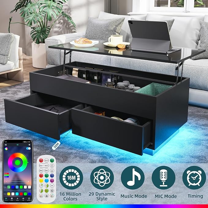 HOMMPA 40'' Lift Top Coffee Table, Black Coffee Tables with Storage for Living Room, LED Modern Coffee Table, Flip Top Center Table with 2 Drawers & Hidden Compartment, Lift Up Wooden Coffee Table