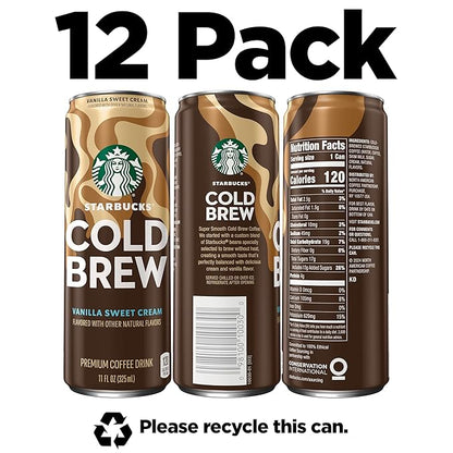 Starbucks Cold Brew Coffee, Vanilla Sweet Cream, 11 fl oz Cans (12 Pack), Premium Coffee Drink, Iced Coffee