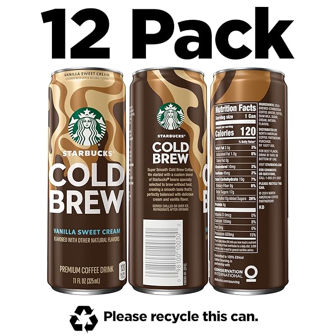Starbucks Cold Brew Coffee, Vanilla Sweet Cream, 11 fl oz Cans (12 Pack), Premium Coffee Drink, Iced Coffee