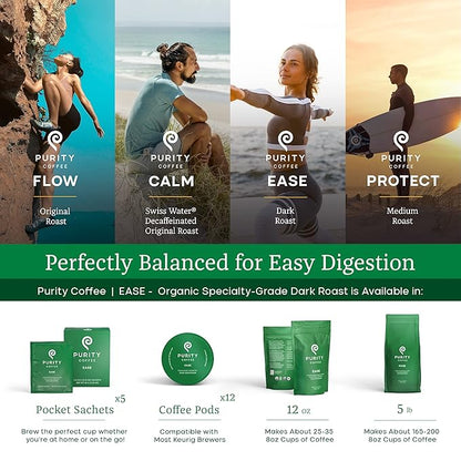 Purity Coffee EASE Dark Roast Low Acid Organic Coffee - USDA Certified Organic Specialty Grade Arabica Whole Bean Coffee - Third Party Tested for Mold, Mycotoxins and Pesticides - 5 lb Bag