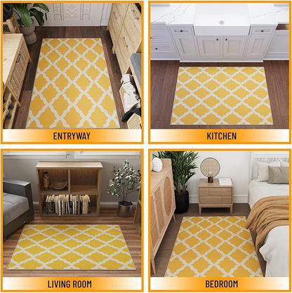 Ottomanson 3'3" x 5' Rugs for Living Room Trellis Area Rug for Bedroom - Non Slip Durable Large Floor Carpet for High Traffic Areas - Indoor Rug for Dining Room Kitchen Kids Playroom, Yellow