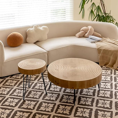 LONYKE 2-Piece Boho Farmhouse Nesting Table with Handcrafted Wood Ring Motif, Round Natural Finish Coffee Table Set for Living Room, French Country Decor, Round