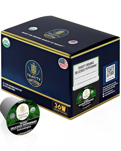 Organic Peppermint Tea Pods for Keurig - Decaf Tea - by Teavity (36 Tea Pods)