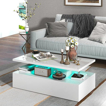 Tangkula LED Coffee Table, Modern High Gloss Coffee Table w/ 20-Color LED Lights, Adjustable Speed & Brightness, Remote Control, Open Shelf, 2-Tier Rectangle Living Room Center Table (White)