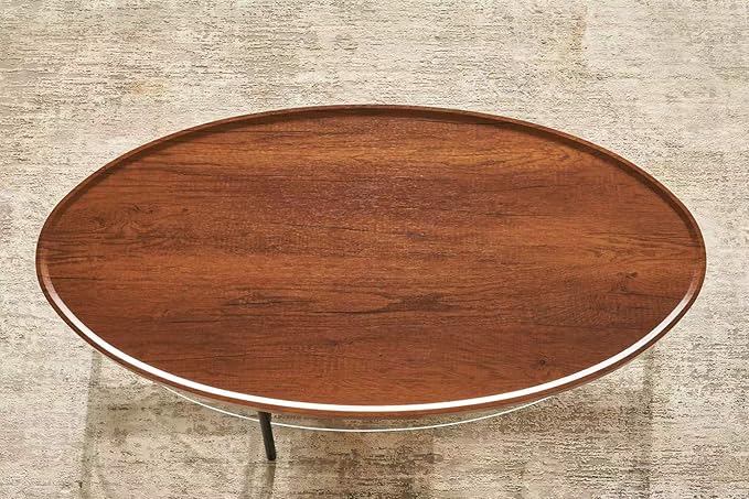Shrine Glass Coffee Table, Black Walnut Table for Living Room, Glass and Wood Table, 43.3" D x 21.6" W x 15.7" H, Clear Glass Base, Walnut Wood Top&Black Metal Frame
