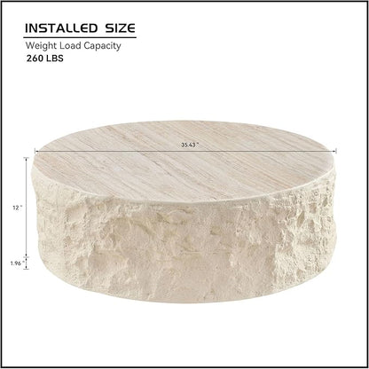 Faux Rock Coffee Table,Drum Coffee Table Fiberglass Round Tea Table for Living Room, Accent Imitation Stone Central Table No Need Assembly, Beige White