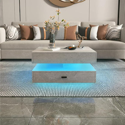 Grey LED Coffee Table for Living Room, 2-Tier Living Room Table Square Center Table, Modern Coffee Tables with Storage, Middle Wooden Tea Tables for Home Office
