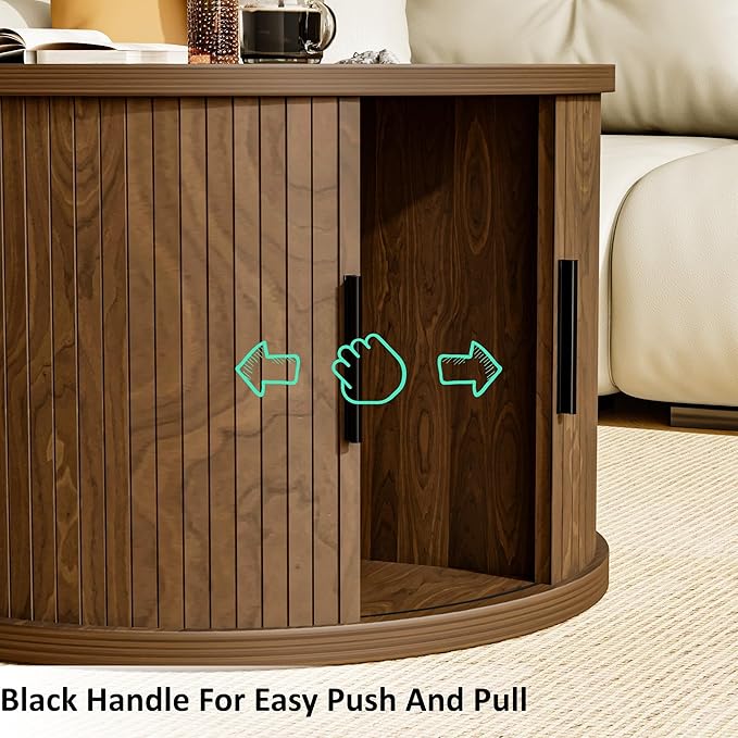 Round Coffee Table, 31.5" Fluted Coffee Table with Storage, Fluted Accent Center Table with Sliding Door, Mid Century Modern Coffee Table for Living Room, Coffee Table Circle Wood，Walnut