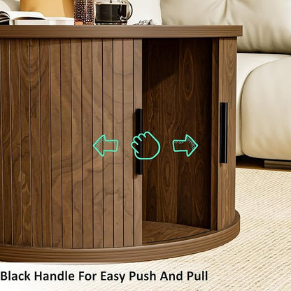 Round Coffee Table, 31.5" Fluted Coffee Table with Storage, Fluted Accent Center Table with Sliding Door, Mid Century Modern Coffee Table for Living Room, Coffee Table Circle Wood，Walnut