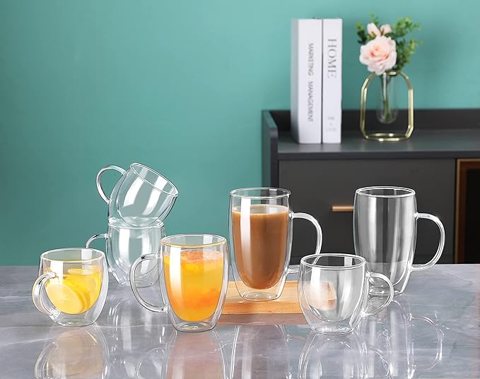 ZONEYILA Double Walled Glass Coffee Mugs 8oz, Insulated Borosilicate Glass Coffee Cups Set of 4, Clear Glasses Mug with Handle for Espresso, Cappuccino, Tea, Hot Beverages