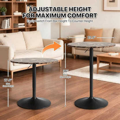 Magshion 23.5'' Round Adjustable Height Wood Bar Pub Table Adjustable Range 27.5"-36" Living Room Dining Room Bar Cocktail Table (Marble Brown)