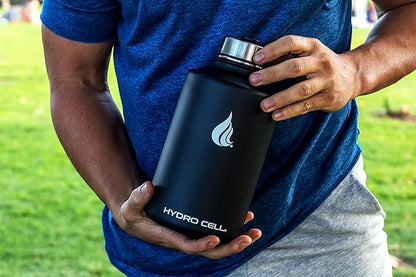 HYDRO CELL Stainless Steel Insulated Water Bottle with Straw - For Cold & Hot Drinks - Metal Vacuum Flask with Screw Cap and Modern Leakproof Sport Thermos for Adults (Black 64oz)