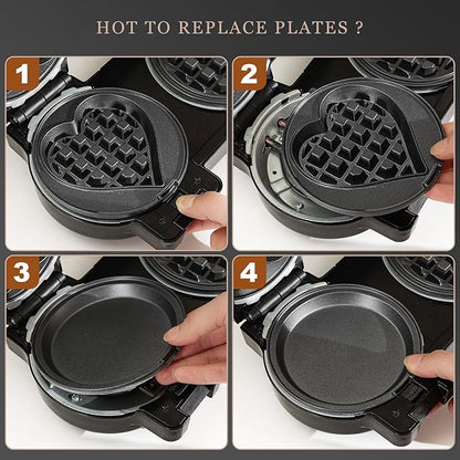 Mini Waffles Maker with 8 Removable Plates, 4 in 1 Double Small Waffle Maker Mini- Waffle, Heart Waffle, Pancake, Donut, 5" Non Stick Waffle Iron for Kid, Use One/Both Sides By the Button On the Back