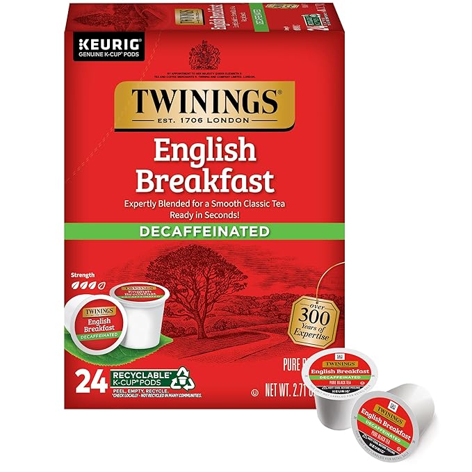 Twinings Decaffeinated English Breakfast Black Tea K-Cup Pods for Keurig, 24 Count (Pack of 1), Smooth, Flavourful, Robust, Enjoy Hot or Iced