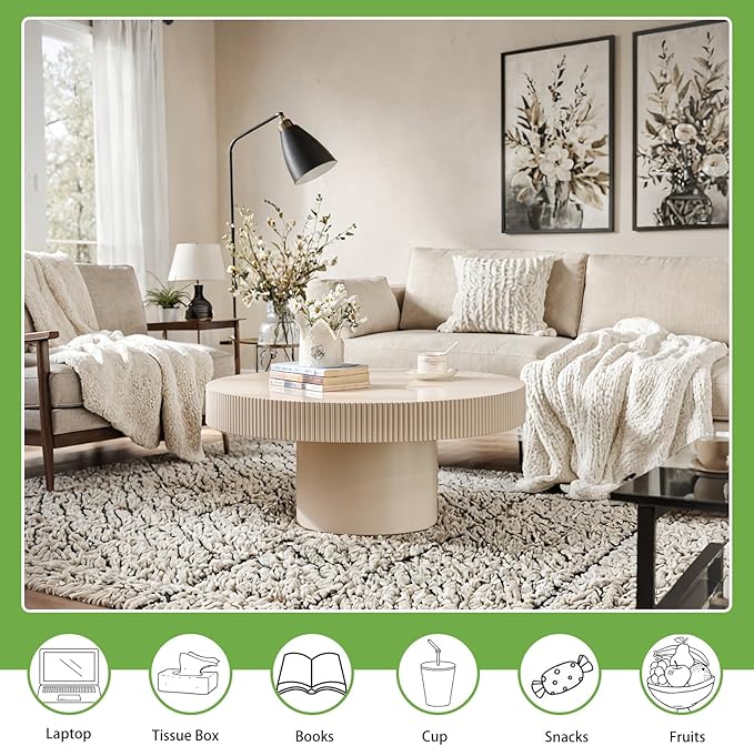 Handmade Wooden Drum Coffee Table、Elegant Round Fluted Wood Coffee Tables、Rustic Modern Circular Centerpiece for Living Room & Farmhouse Decor (A White 30.7in)