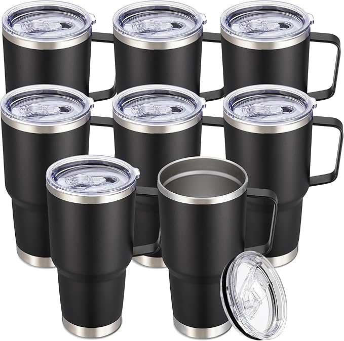30 oz Tumbler with Handle and Lid, Stainless Steel Tumblers Bulk Double Wall Vacuum Insulated Travel Mug Leak Proof Cup Keep Drinks Cold and Hot Black, 8 Pack