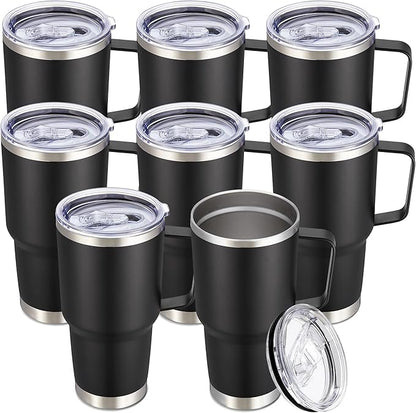 30 oz Tumbler with Handle and Lid, Stainless Steel Tumblers Bulk Double Wall Vacuum Insulated Travel Mug Leak Proof Cup Keep Drinks Cold and Hot Black, 8 Pack