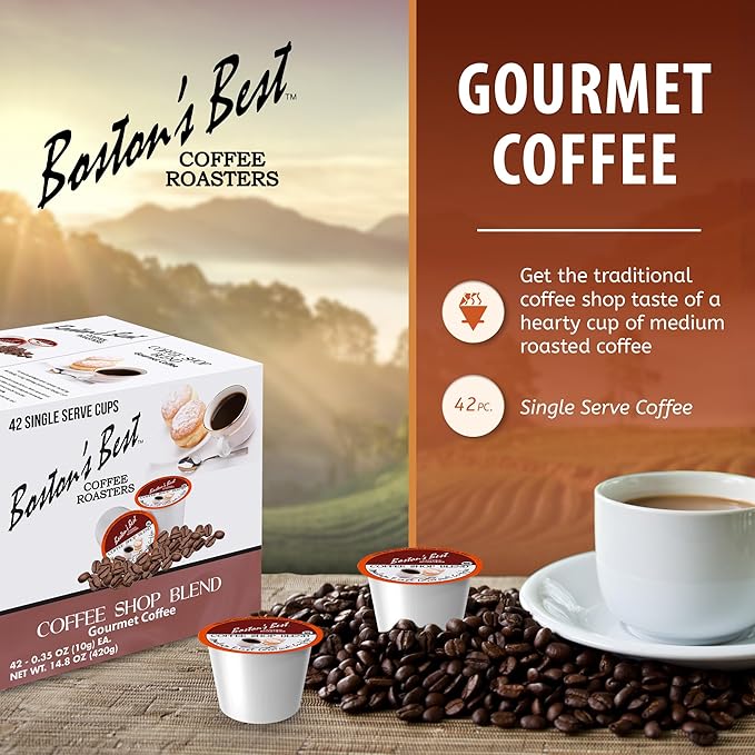 Boston’s Best - Coffee Shop Blend, Hearty Medium Roast, Delicious Gourmet Coffee Compatible with Keurig CoffeeMaker, 1 Count (42 Single Serve Medium Roast Cups)