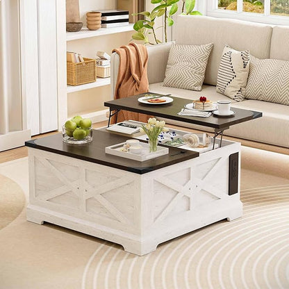 LAUSAINT HOME Farmhouse Lift-Top Coffee Table with Large Hidden Storage Compartment, Wood Square Center Table with Lifting Top for Living Room, Home Office, White