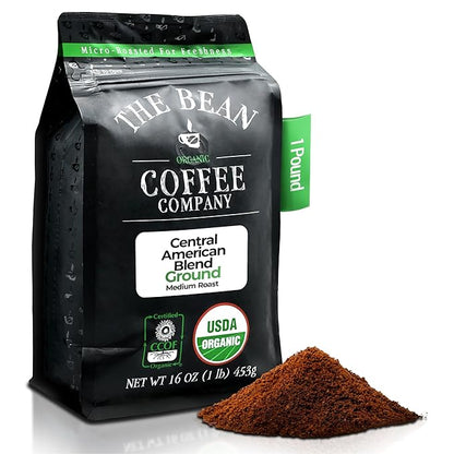 The Bean Organic Coffee Company Central America, Medium Roast, Ground Coffee, 16-Ounce Bag,Café molido tostado organico