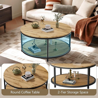 NSdirect Round Coffee Table, 36in Rustic Wooden Surface Top & Sturdy Metal Legs Industrial Sofa Table for Living Room Modern Design Home Furniture with Storage Open Shelf (Natural Walnut)