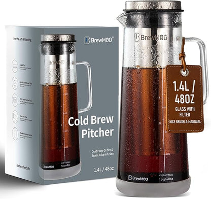 BrewMOO- Airtight Cold Brew Coffee Maker Pitcher, 1.4L/48Oz Thick Glass Carafe with Filter, Comfort Sturdy Handle & Wide Spout, Non-Slip Base | Iced Tea Maker (Grey)