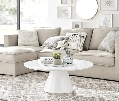 Coffee Table - Palma Round Coffee Table - Contemporary Minimalist Round Coffee Table with Tapered Central Pillar - White High-Gloss Finish - Living Room Furniture