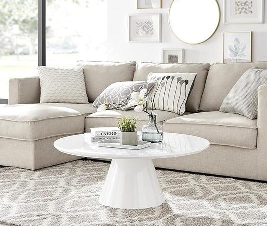 Coffee Table - Palma Round Coffee Table - Contemporary Minimalist Round Coffee Table with Tapered Central Pillar - White High-Gloss Finish - Living Room Furniture