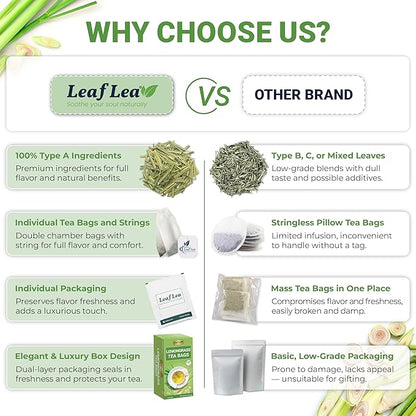 LeafLea Lemongrass Tea Bags, 40 Count, 100% Natural Lemongrass Leaves, Te Limon Grass, Te de Limoncillo Herbal Tea with Smooth Light Aroma, Sugar-Free, Caffeine-Free, Non-GMO, Vegan Friendly