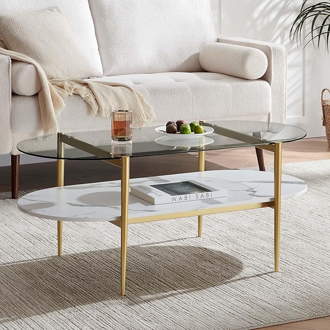 Oval Coffee Table, Mid-Century Modern Design, L41 x W21 x H17 inch, for Living Room, Clear Glass Top, White Marble Finish Wood Shelf & Gold Finish Frame
