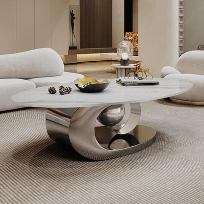 Marble Grain Coffee Table with Gold Stainless Steel Pedestal,Modern Coffee Tables,Oval Living Room Table with Faux Marble Top & Luxury Legs,Sintered Stone Cocktail Center Table,49.20inch