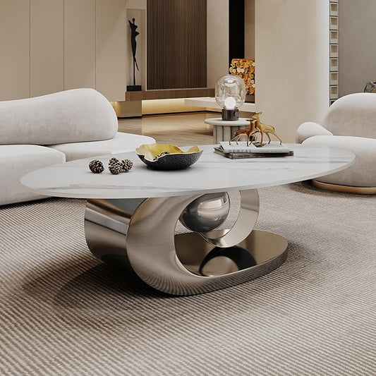 Marble Grain Coffee Table with Gold Stainless Steel Pedestal,Modern Coffee Tables,Oval Living Room Table with Faux Marble Top & Luxury Legs,Sintered Stone Cocktail Center Table,49.20inch