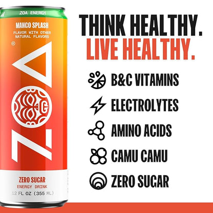 ZOA Zero Sugar Energy Drinks, Mango Splash - Sugar Free with Electrolytes, Healthy Vitamin C, Amino Acids, Essential B-Vitamins, and Caffeine from Green Tea - 12 Fl Oz (Pack of 12)