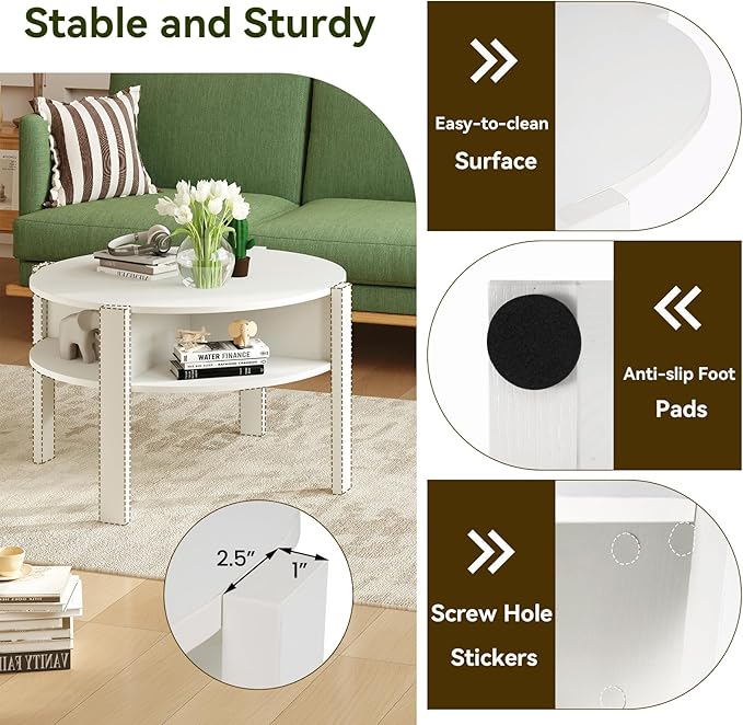 Giantex Round Coffee Table, 2-Tier Mid Century Modern Tea Cocktail Table with Storage Shelves & 4 Side Compartments, Wood Center Table for Living Room, Small Spaces (White)