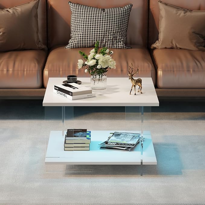 24" Acrylic Coffee Table with White Wood Tabletop, Minimalist Stylish Modern Square Center Table for Living Room,Led Living Room Table with Storage Shelf & Acrylic Frame for Small Space