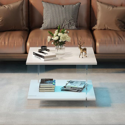 24" Acrylic Coffee Table with White Wood Tabletop, Minimalist Stylish Modern Square Center Table for Living Room,Led Living Room Table with Storage Shelf & Acrylic Frame for Small Space