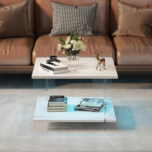 24" Acrylic Coffee Table with White Wood Tabletop, Minimalist Stylish Modern Square Center Table for Living Room,Led Living Room Table with Storage Shelf & Acrylic Frame for Small Space