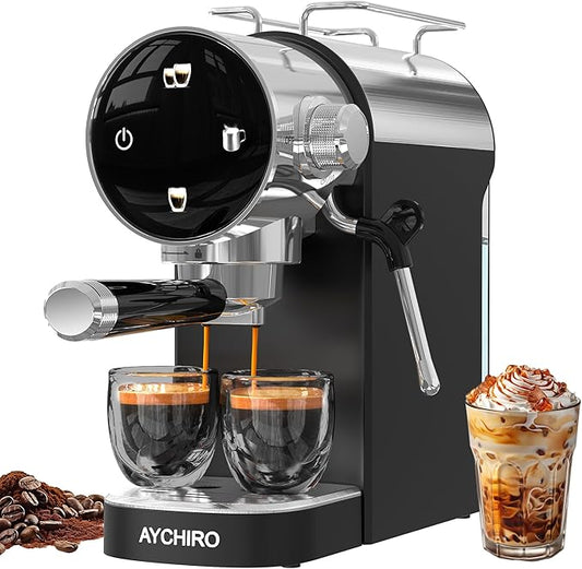 20 Bar Espresso Machine, Compact Espresso Maker with Milk Frother, Touchscreen Latte Maker with Detachable Drip Tray/Water Tank, Built-in Handle for Home and Office Use