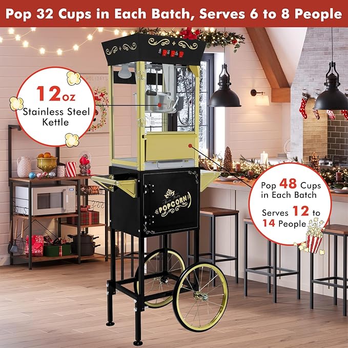 Popcorn Machine with Cart, Wheels & 12 Oz Kettle, Popcorn Maker Machine Vintage Style Movie Theater Popcorn Machine for Parties, Events, Commercial, and Home Theater