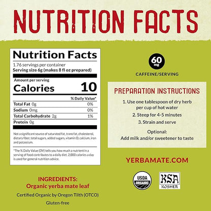 ECOTEAS Organic Yerba Mate Loose Leaf Tea – Natural Energy & Detox Herbal Tea – Coffee Alternative - Kosher, Non-GMO, Gluten-Free - Unsmoked Pure Leaf from Argentina, 1 lb (Pack of 1)