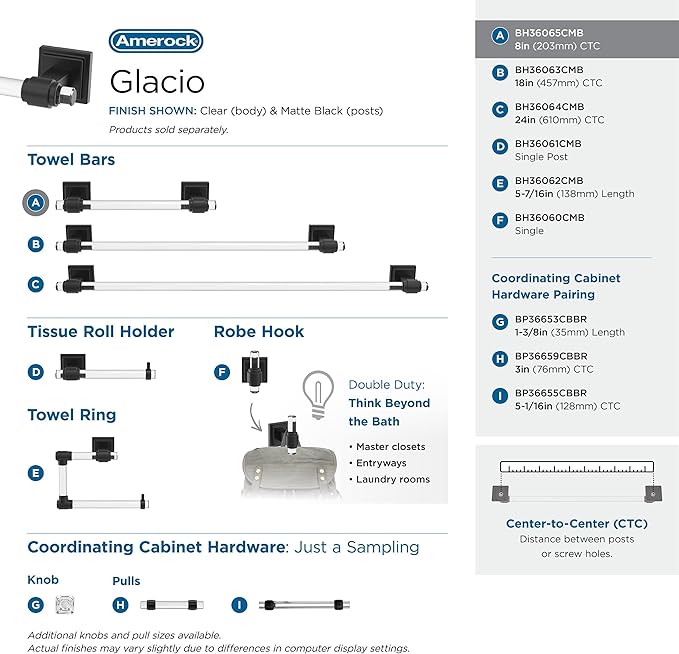 Amerock BH36065CMB | Clear/Matte Black Towel Bar | 8 in. (203 mm) Towel Rack | Glacio | Bathroom Towel Holder | Bathroom Hardware | Bath Accessories