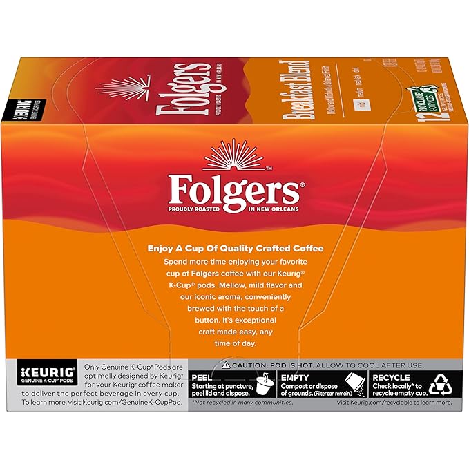 Folgers Breakfast Blend Mild Roast Coffee, 12 Keurig K-Cup Pods