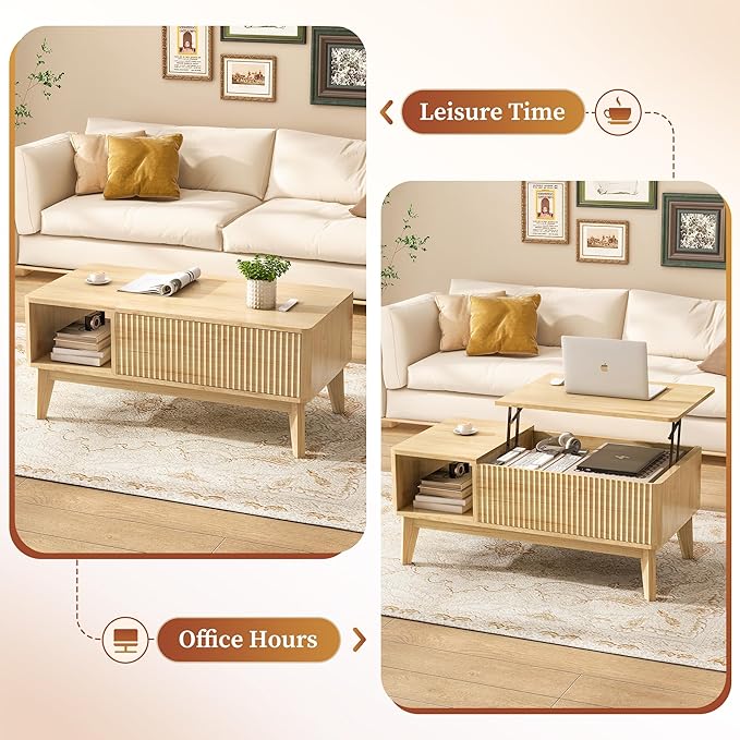 LYNCOHOME Fluted Lift Top Coffee Table with Hidden Compartment, Modern Center Table for Living Room, Home Office, Natural